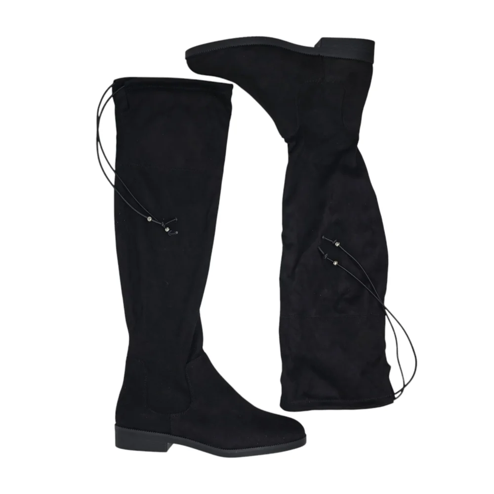 New Black Knee High Riding Boots 10 Kohls SO Velour Englishmuffin Back Tie Shoes
